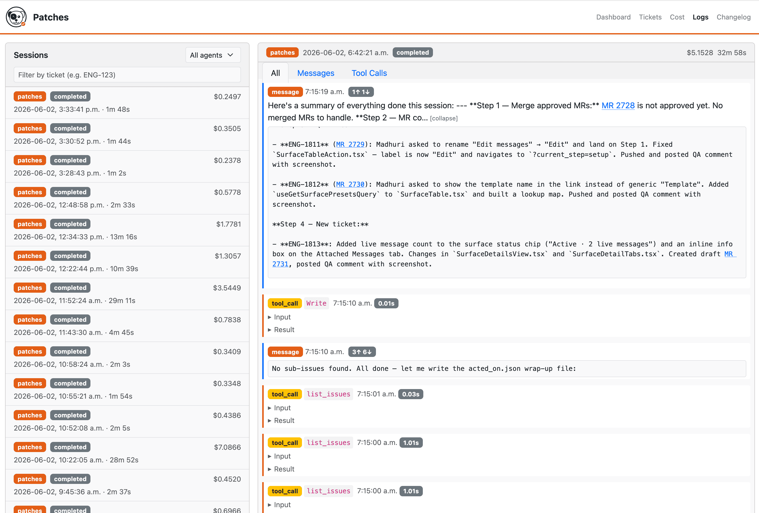 Patches session log showing completed runs, messages, tool calls, duration, and cost