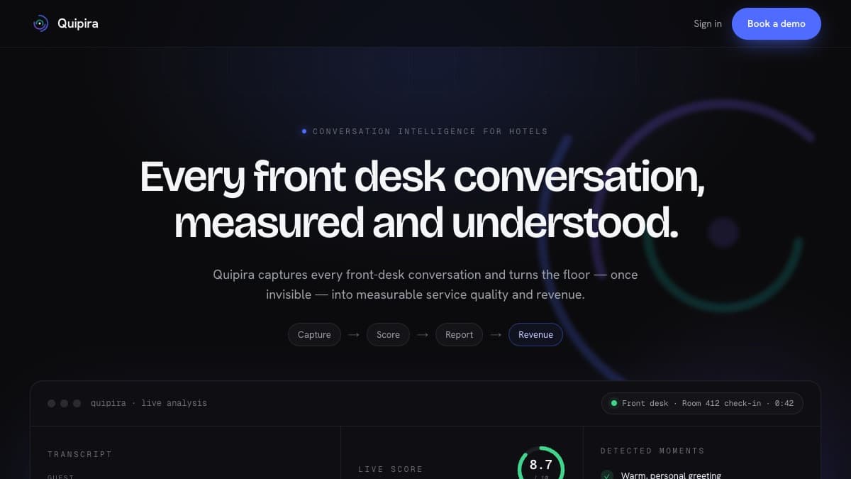 Quipira website presenting conversation intelligence for hotel front desks